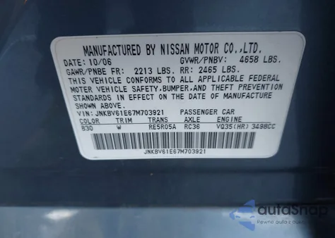 2007 Infiniti G35 Journey from USA, damaged, VIN JNKBV61E67M703921